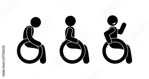 disabled icon, various poses, stick figure human silhouette, man smiling, man sad, set of people in wheelchair icon