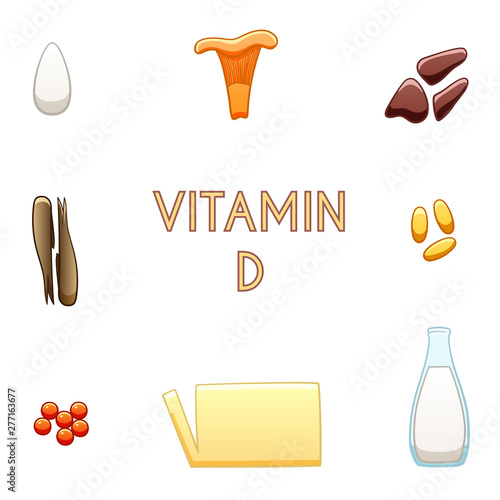 Products containing vitamin D. Egg, chanterelle mushroom, chicken liver, sprats, fish fat, red caviar, butter, milk. White background, vector.