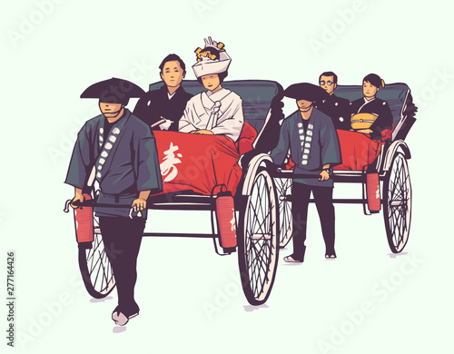 Illustration of traditional Japanese wedding, pulled rickshaw, groom and bride