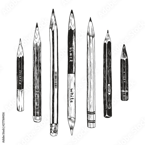 Hand drawn pencils collection, doodle vector school symbols in vintage style. Isolated objects on white background.