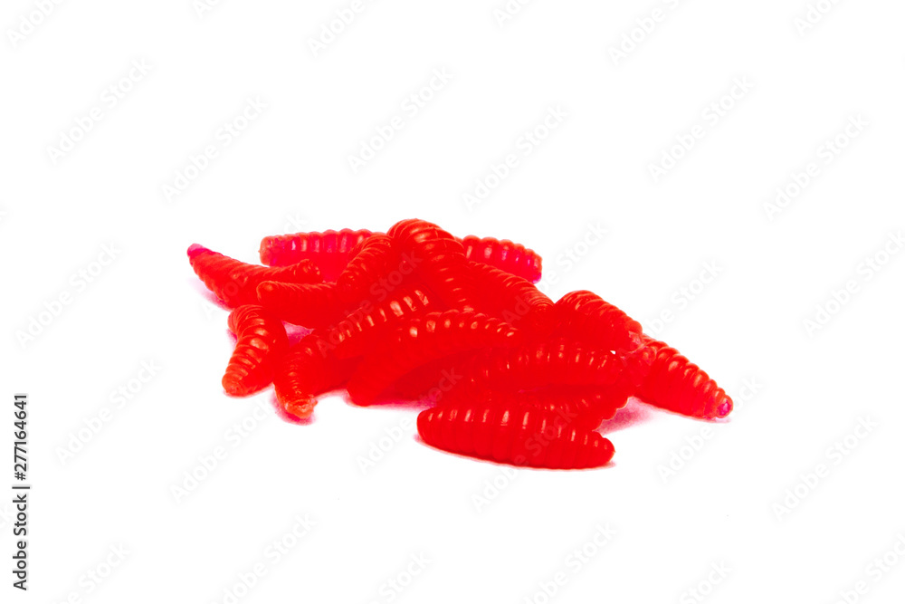 Red Artificial fishing larvae of insects on white background with soft shadow Red Artificial fishing larvae of insects on white background with soft shadow