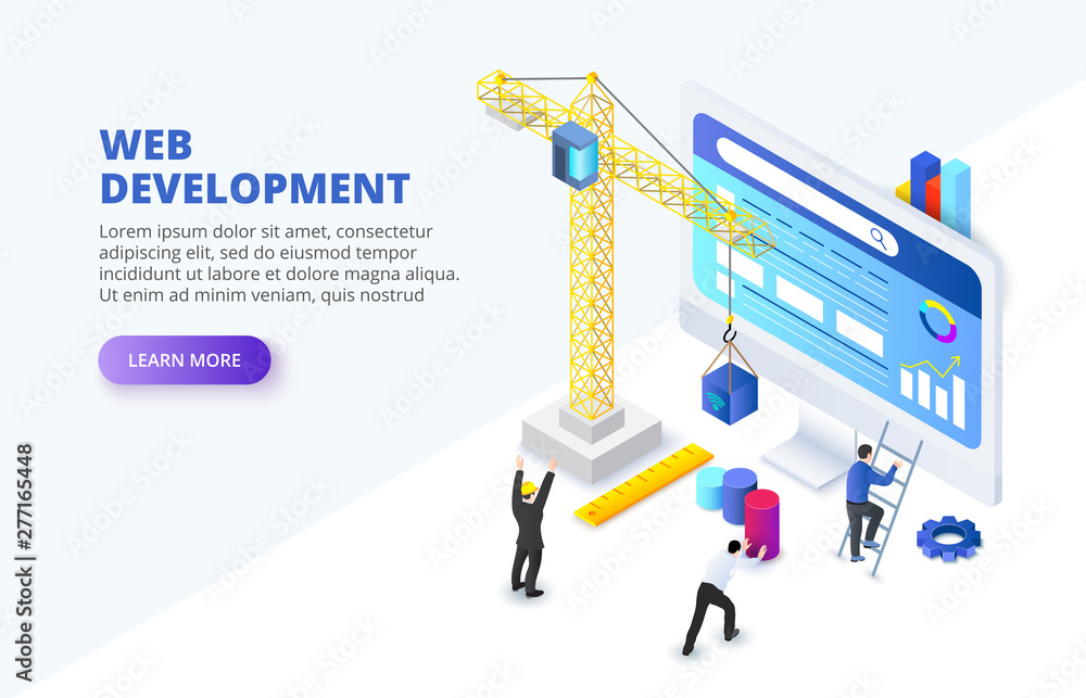 Isometric concept with character. Team at project development, template for developer. Coding develop, programmer at computer. Flat vector illustration
