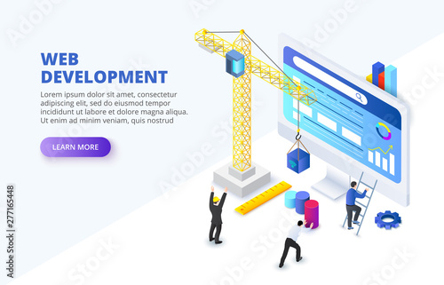 Isometric concept with character. Team at project development, template for developer. Coding develop, programmer at computer. Flat vector illustration