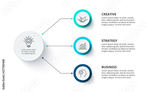 White circle connected by thin lines with three color circles. Creative concept for infographic with 3 options