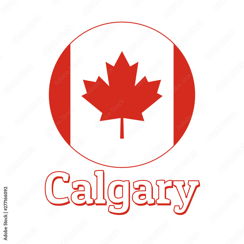Round button Icon of national flag of Canada with red maple leaf on the white background and lettering of city name Calgary. Inscription for logo, banner, t-shirt print. Vector illustration. Round button Icon of national flag of Canada with red maple leaf on the white background and lettering of city name Calgary. Inscription for logo, banner, t-shirt print. Vector illustration.
