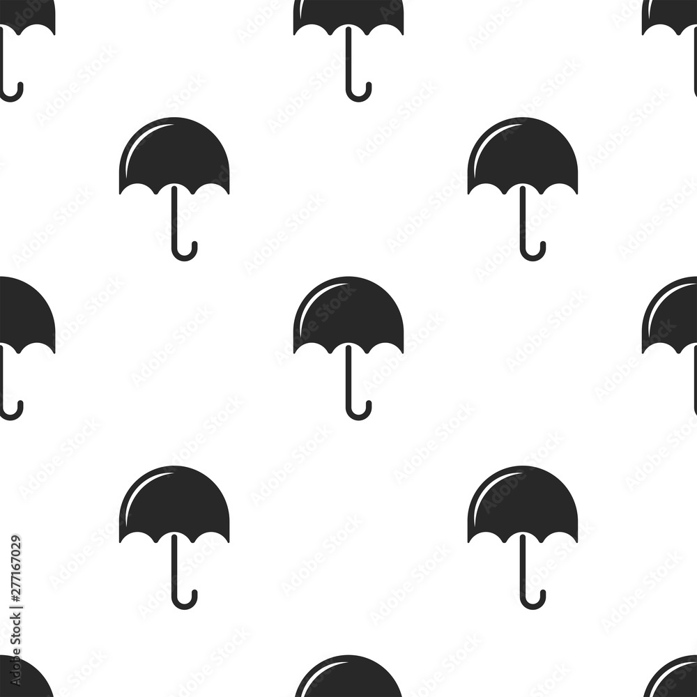 Repeating seamless pattern of black umbrellas on a white background, minimalistic graphics for print fabric, wrapping paper or poster