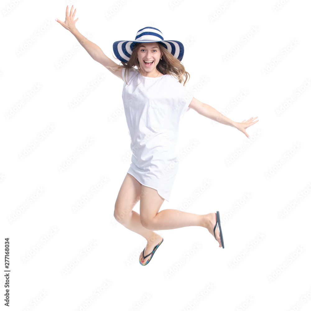 Woman in sun hat summer smiling happiness jumping looking on white background isolation Woman in sun hat summer smiling happiness jumping looking on white background isolation