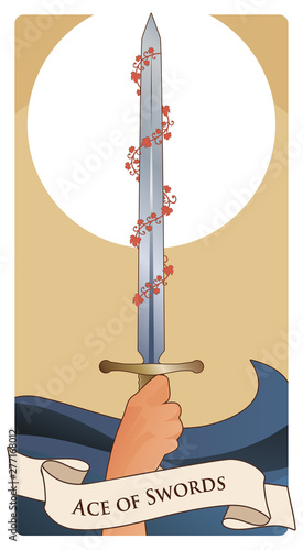 Aces of Tarot Cards. Swords. Hand holding a sword surrounded by red leaves on the waves of the sea.