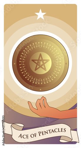 Aces of Tarot Cards. Pentacles. Golden shield with pentacle in the center, floating on one hand and crowned by a star.