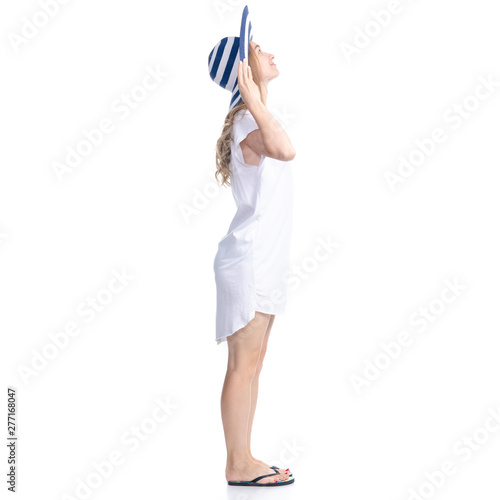 Woman in sun hat summer smiling happiness standing looking on white background isolation