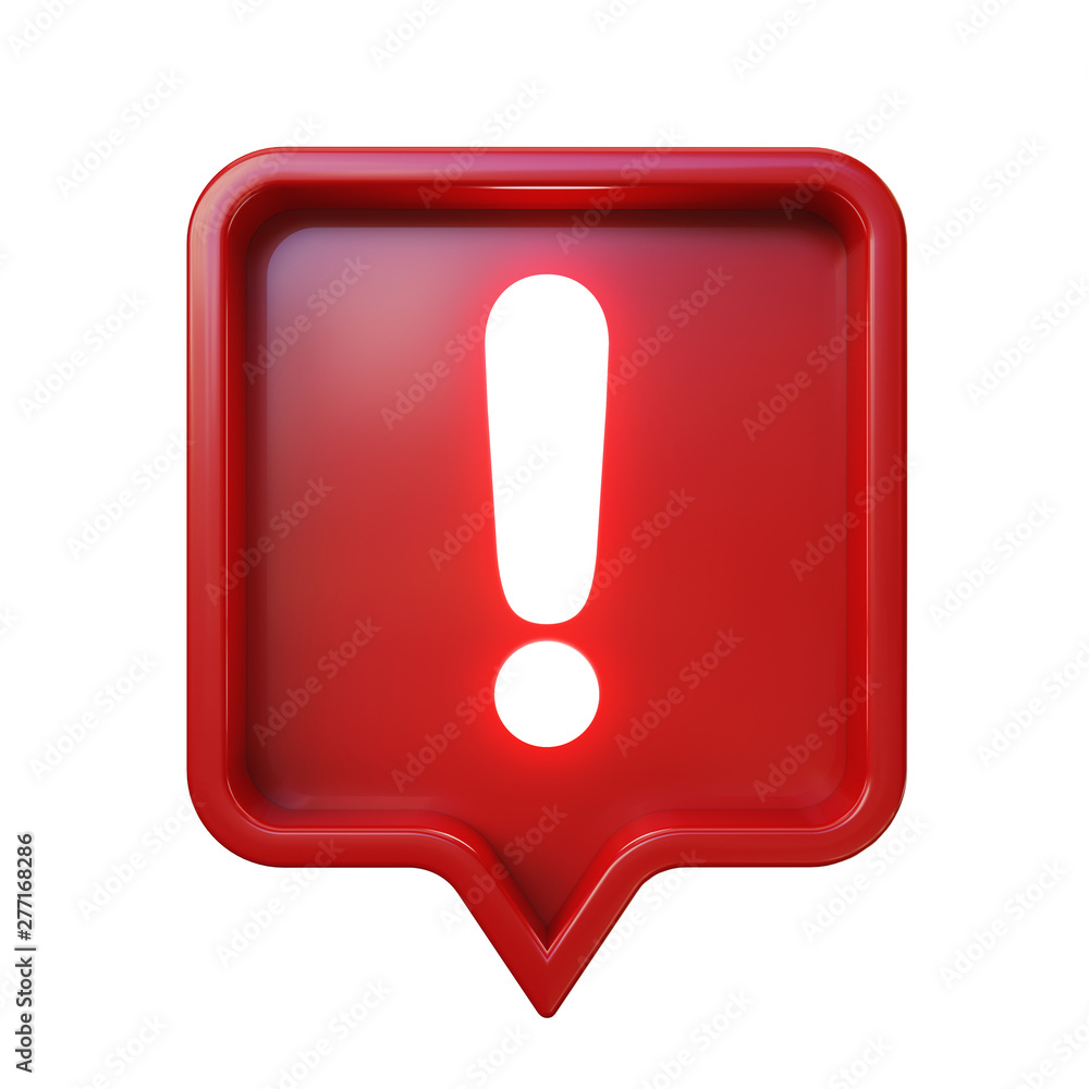 Shiny exclamation mark in red rounded square pin, isolated on white background, clipping path included. 3d illustration. Shiny exclamation mark in red rounded square pin, isolated on white background, clipping path included. 3d illustration.