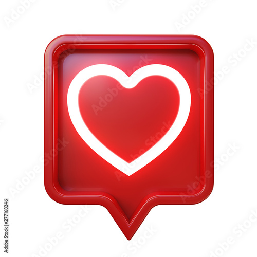 3d social media notification. Shiny heart symbol in red rounded square pin, isolated on white background, clipping path included.