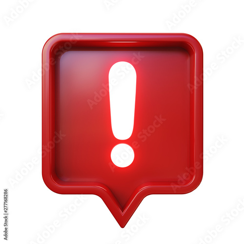 Shiny exclamation mark in red rounded square pin, isolated on white background, clipping path included. 3d illustration.