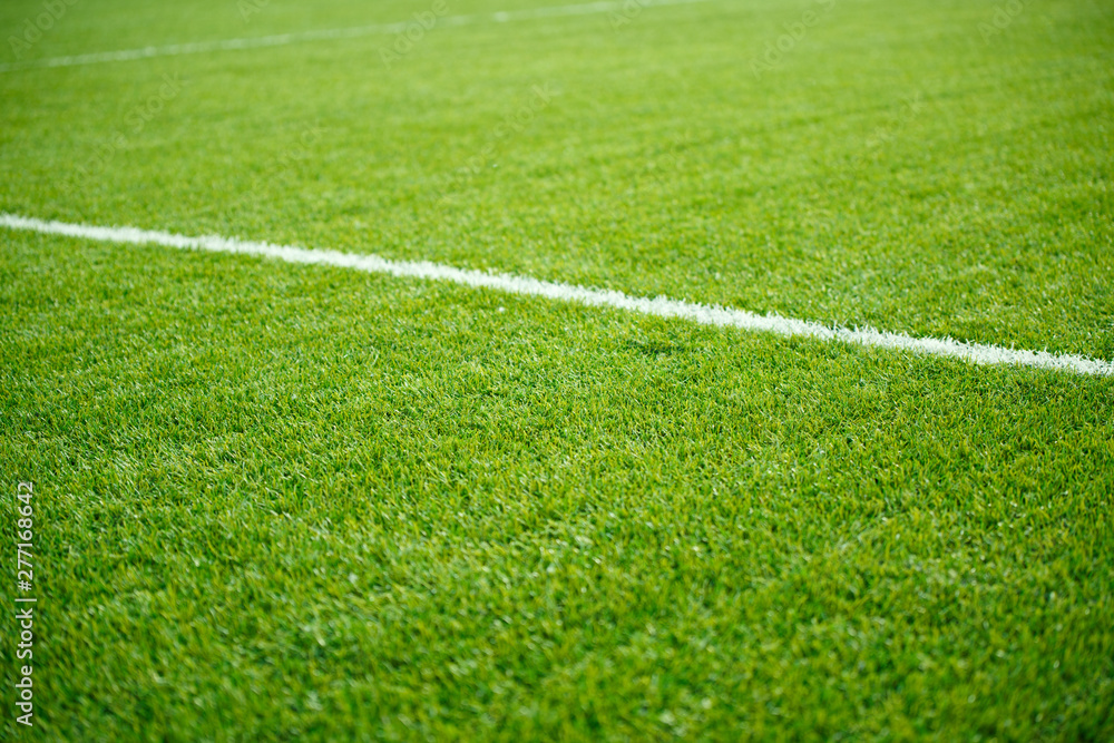 Obraz premium Photo of green soccer field with white stripe,