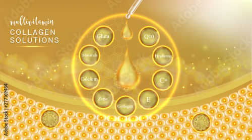 Hyaluronic acid plus multivitamins and mineral skin solutions ad, gold collagen serum drop with cosmetic advertising background ready to use, illustration vector.