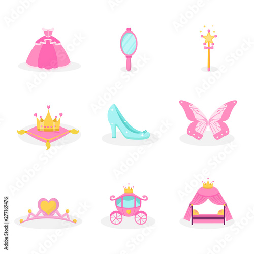 Princess items vector illustrations set