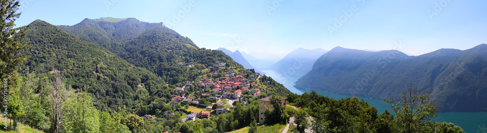 Panoramic view of the village of Bre from Monte Bre next to Lugano, Switzerland