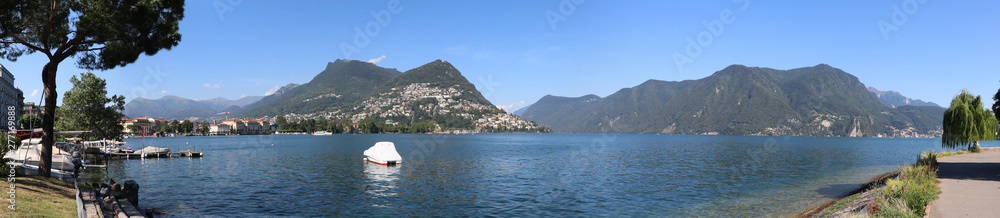 Panoramic view of the lake of Lugano with the mountain Bre in the background, Switzerland