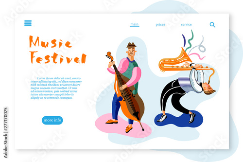 Music Festival landing page template. Musicians flat vector characters set