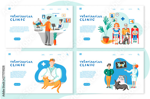 Veterinarian clinic landing page layouts. Owners with pets in vet clinic illustrations set