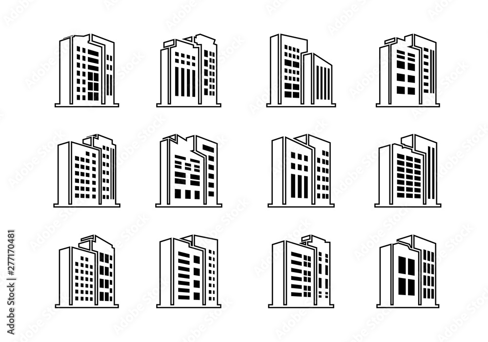 Line Perspective company icons and black vector buildings set, Isolated office collection on white background