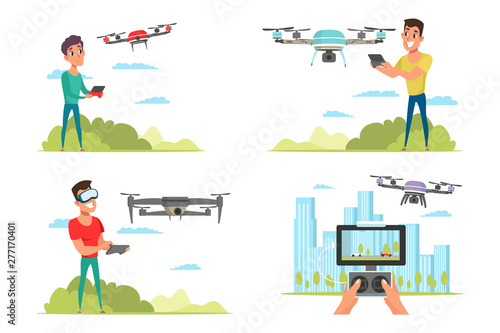 People with drone quadcopter illustrations set