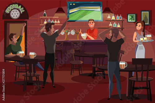 People drinking beer in bar flat illustration