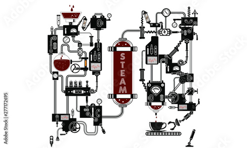 steampunk machinery engineer robotic composition fantastic device isolated, steampunk poster template are applicable for using on shirt design poster cddvd cover skate desk