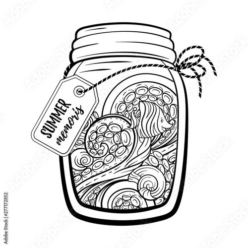 Mason jar with marine contents. Summer memoris antistress colorin page. Black and white vector graphic.