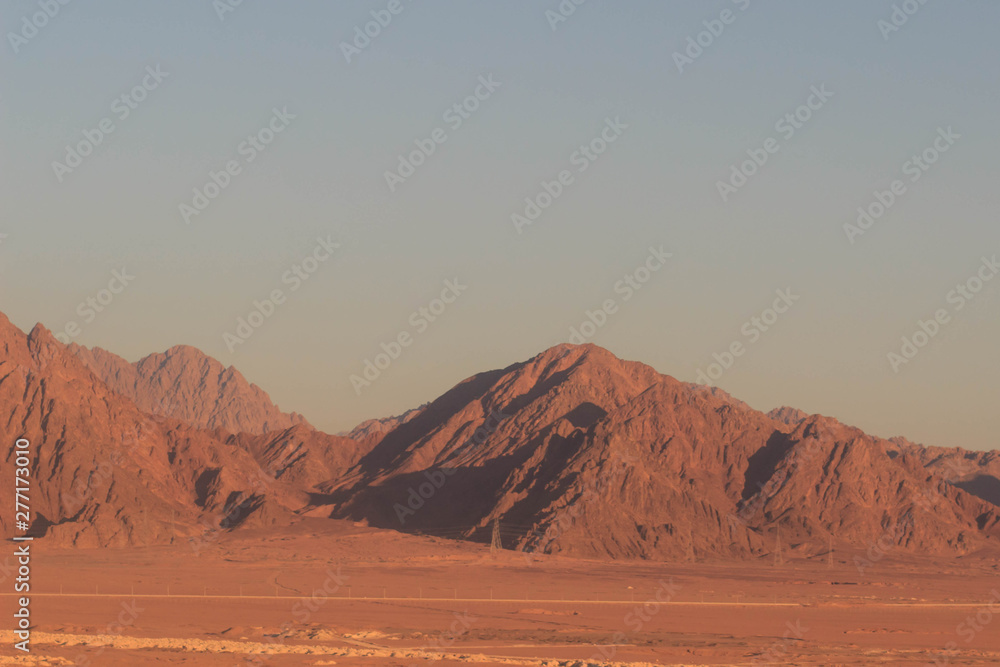 Naklejka premium Spectacular aerial view of the holy summit of Mount Sinai, Aka Jebel Musa, 2285 meters, at sunrise, Sinai Peninsula in Egypt
