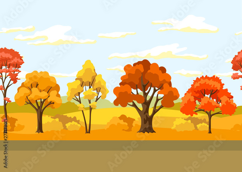Autumn seamless pattern with landscape and stylized trees.