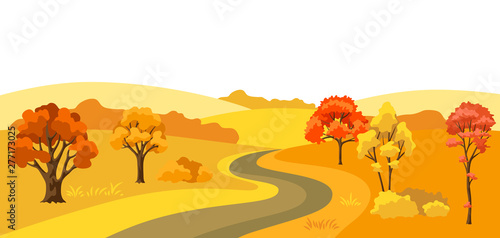 Autumn background with landscape and stylized trees.