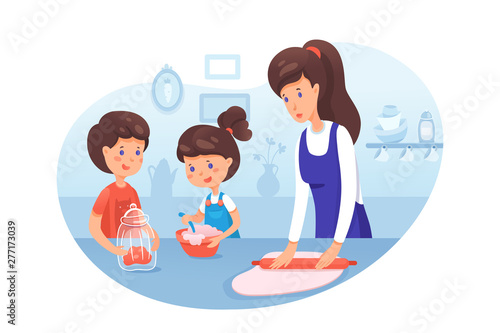 Mother with kids cooking flat vector illustration