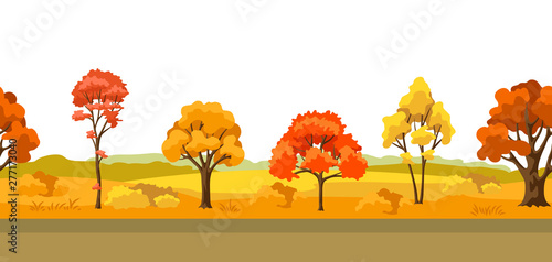 Autumn seamless pattern with landscape and stylized trees.