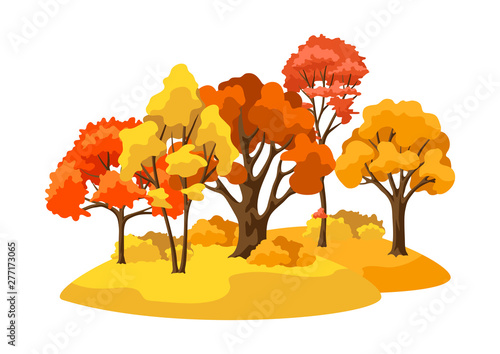 Autumn background with landscape and stylized trees.