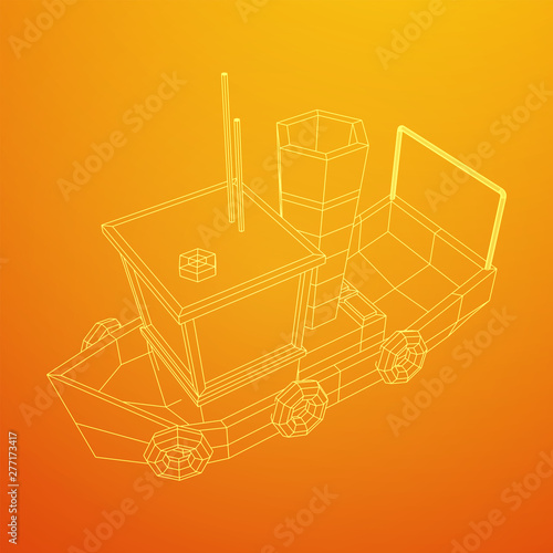 Fishing boat. Commercial fishing trawler for industrial seafood production. Vintage marine ship, sea or ocean transportation concept. Wireframe low poly mesh vector illustration