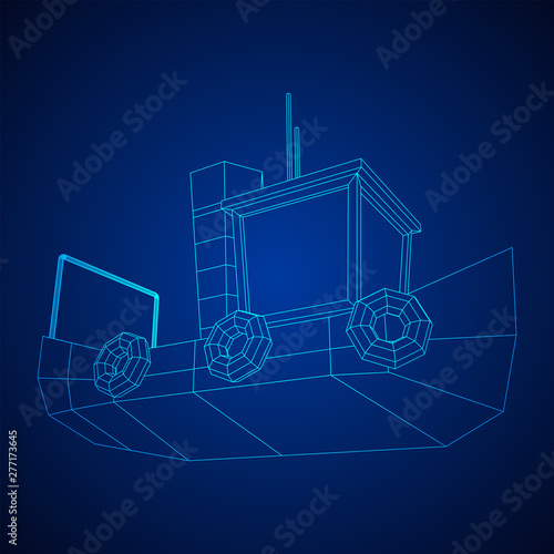 Fishing boat. Commercial fishing trawler for industrial seafood production. Vintage marine ship, sea or ocean transportation concept. Wireframe low poly mesh vector illustration