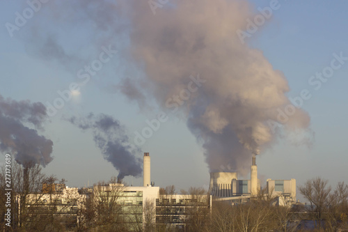 Industrial plant with smoke stacks, industrial area