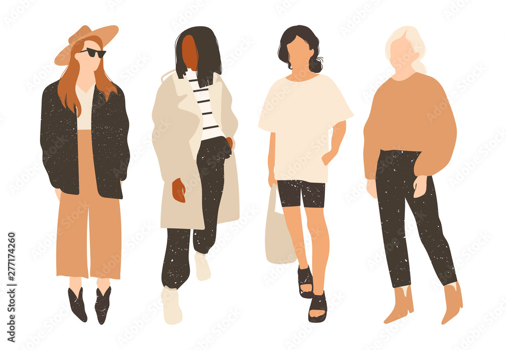 Obraz premium Four ladies dressed in trendy clothes standing in various poses. Fashion look. Female faceless characters. Hand drawn colored vector set. All elements are isolated