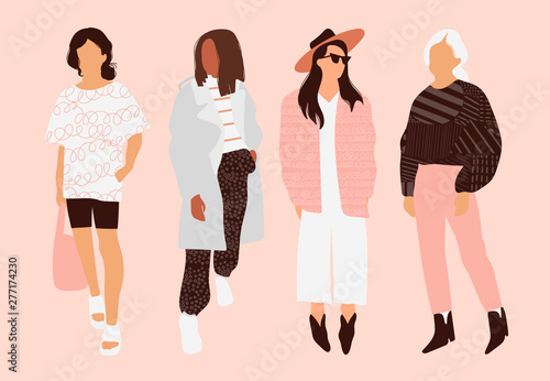 Four model girls dressed in trendy clothes standing in various poses. Fashion look.  Female faceless characters. Hand drawn colored vector set. All elements are isolated