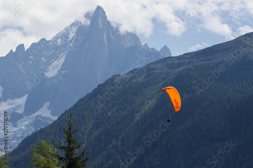 Beautiful landscape with paragliders in Alps, Switzerland. Murren, Lauterbrunnen, Swiss.