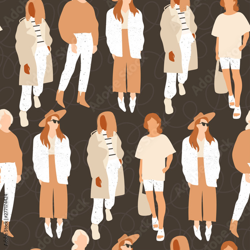 Fancy ladies dressed in trendy clothes standing in various poses. Fashion look.  Female faceless characters. Hand drawn colored vector seamless pattern. Black background