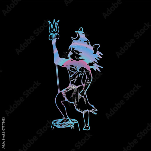 Color illustration of Lord Shiva in a warlike pose. Double exposure, mountains, god.