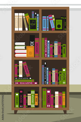 Wooden bookcase flat vector illustration
