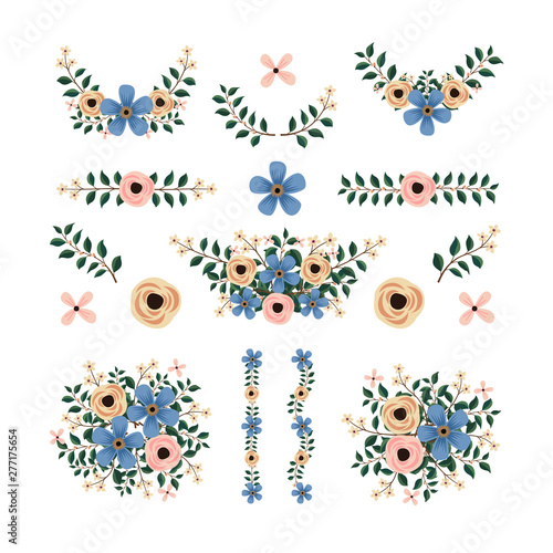 Isolated blue flower elements with branch and leaves. Vector wreath bouquet and decorative object. Set of blooming floral material for graphic design.