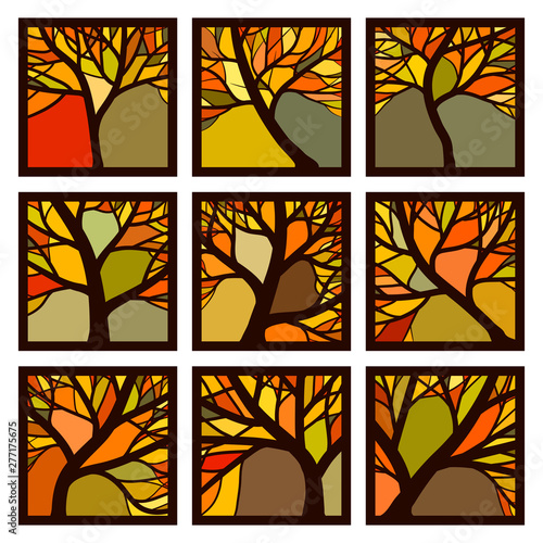 Abstract square badges framed autumn trees with branches.