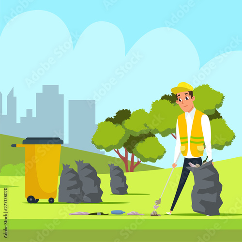 Park cleaning process flat vector illustration