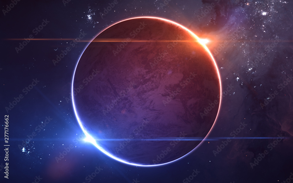 Planet in a double star system. Red and blue stars in deep space. Science  fiction. Elements of this image furnished by NASA Photos | Adobe Stock