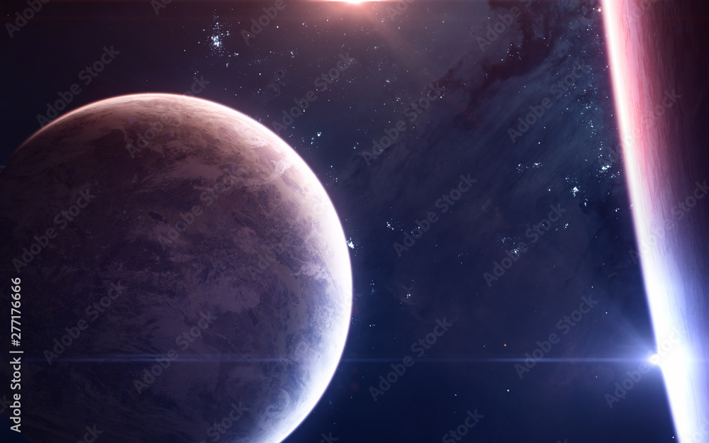 Fototapeta premium Double star system. Planets of deep space red and blue stars. Science fiction. Elements of this image furnished by NASA