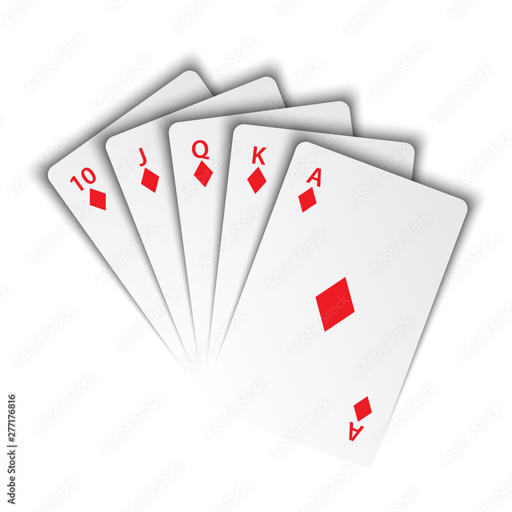A royal flush of diamonds on white background, winning hands of poker cards, casino playing cards, vector poker symbols
